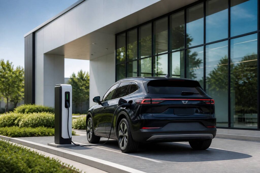 SUV générique sombre garé devant une borne de recharge dans un cadre moderne