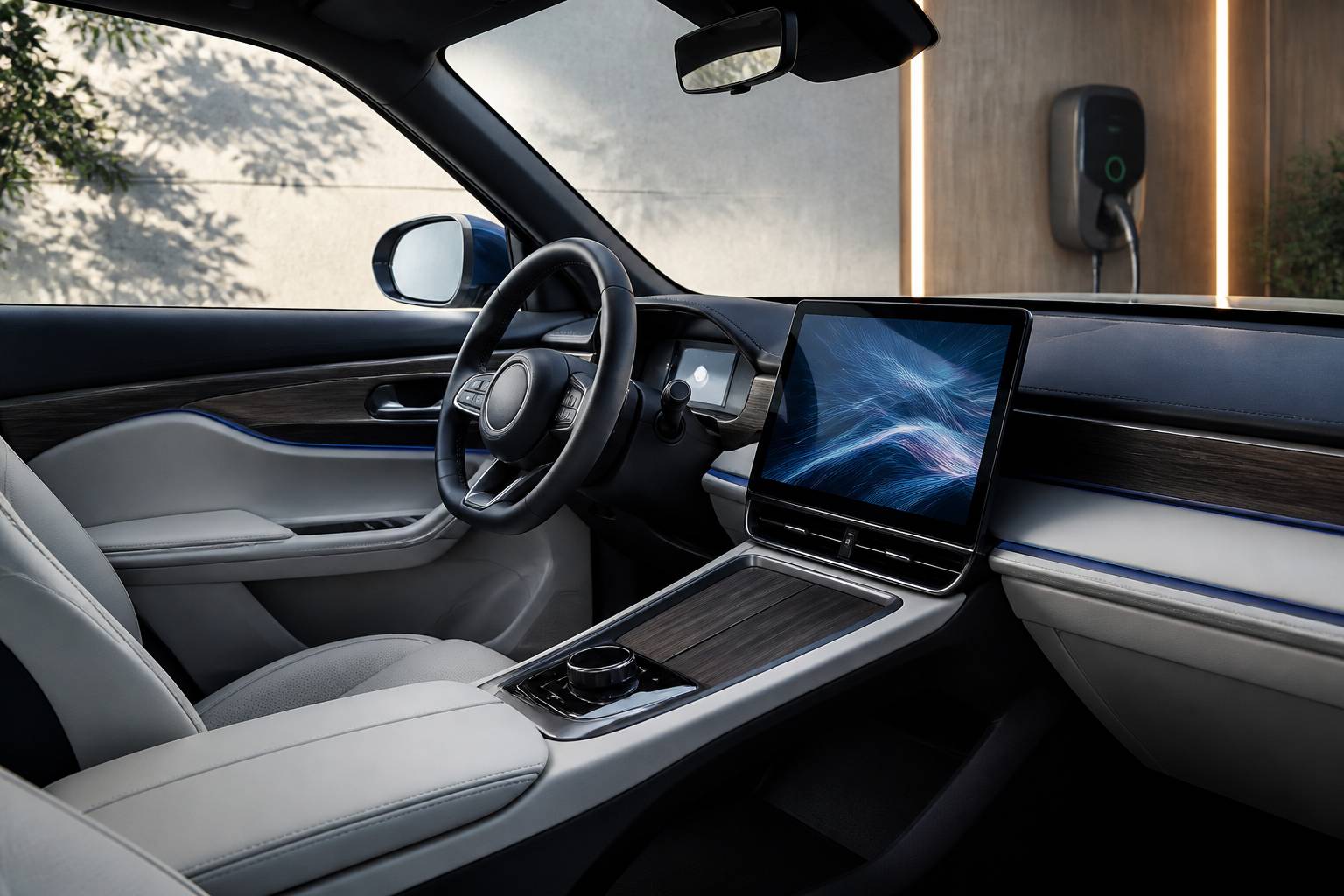 Intérieur de SUV générique avec grand écran, volant et sellerie claire