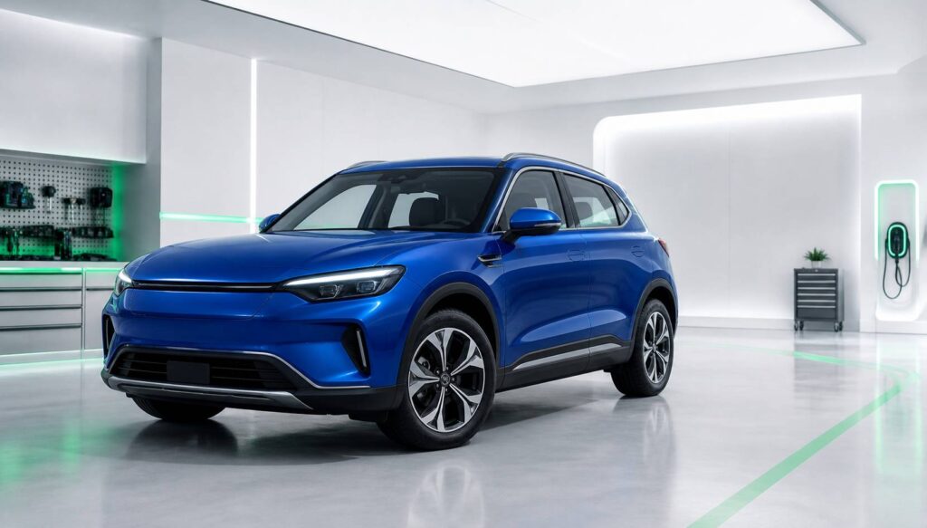 SUV compact hybride bleu électrique sans marque dans un showroom lumineux