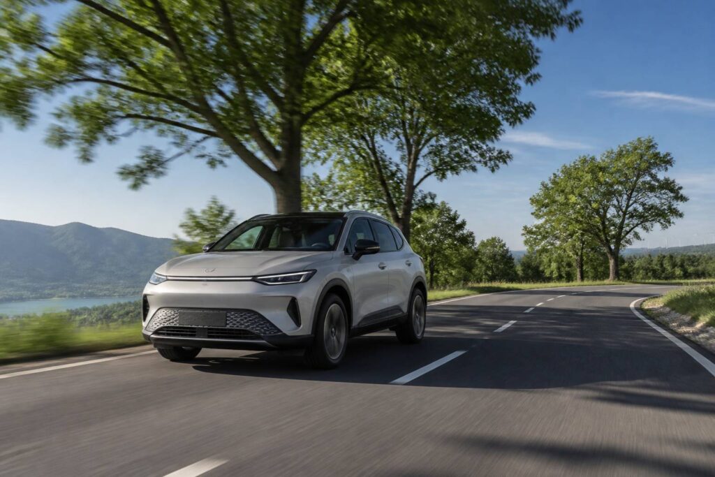 SUV moderne gris roulant sur une route de campagne