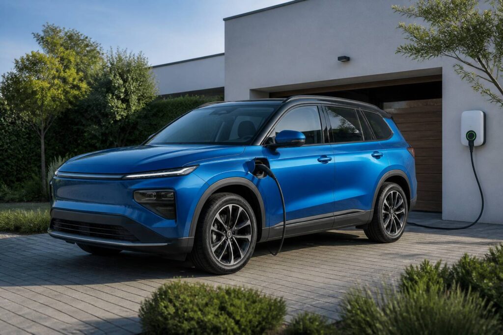 SUV bleu électrique branché à une borne de recharge murale