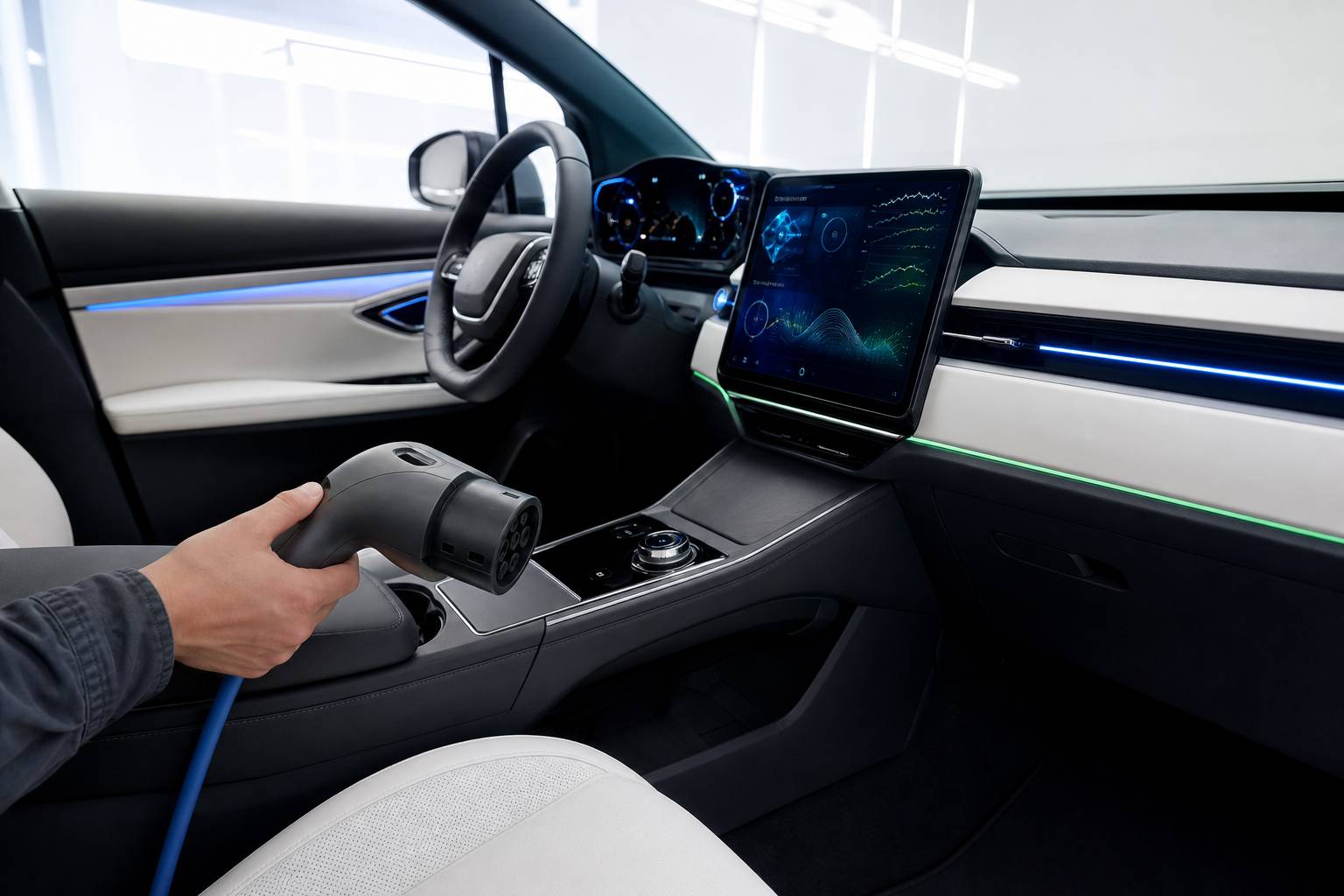 Tableau de bord de SUV avec écran et câble de recharge