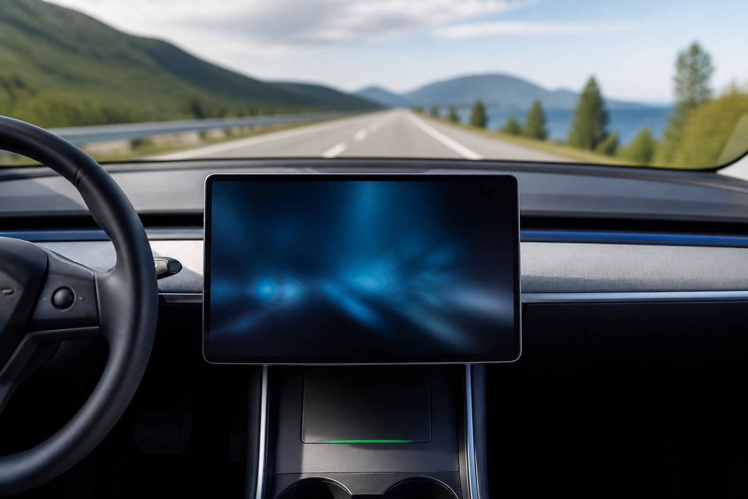 Tableau de bord de voiture électrique avec écran flou sur la route