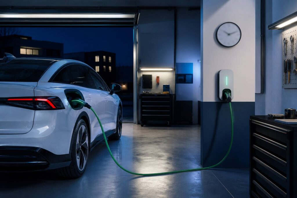 Voiture électrique branchée sur une wallbox dans un garage la nuit