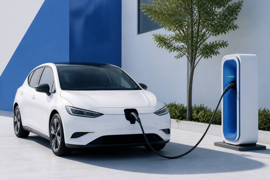 Voiture électrique compacte générique branchée à une borne de recharge blanche