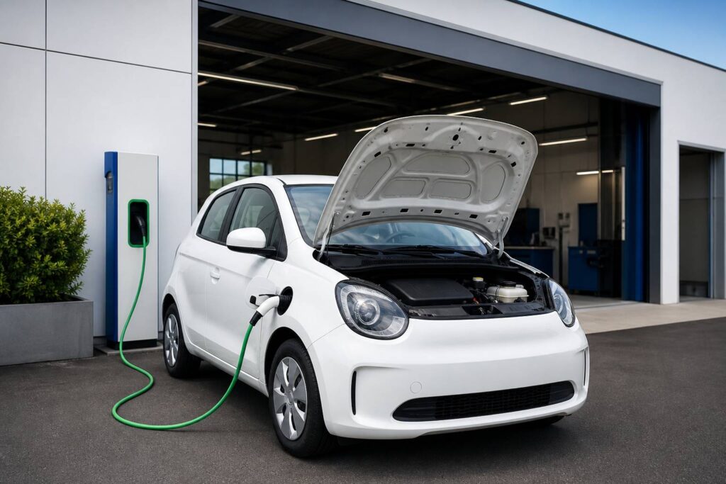 Petite citadine électrique blanche garée devant un atelier de contrôle