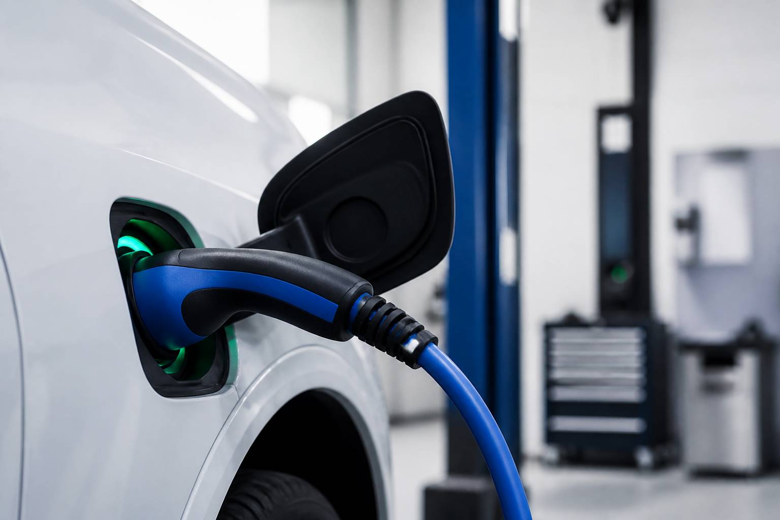 Câble de recharge branché sur une voiture électrique avec tableau de bord