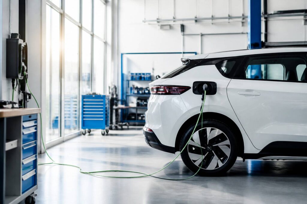 Voiture électrique moderne en recharge devant un atelier lumineux