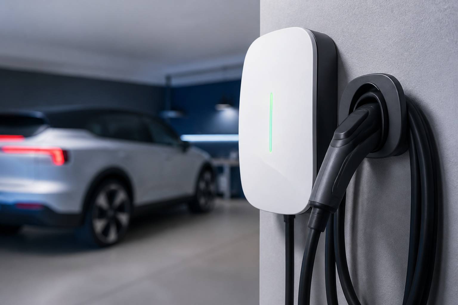 Boîtier de wallbox blanche avec câble enroulé et prise de recharge