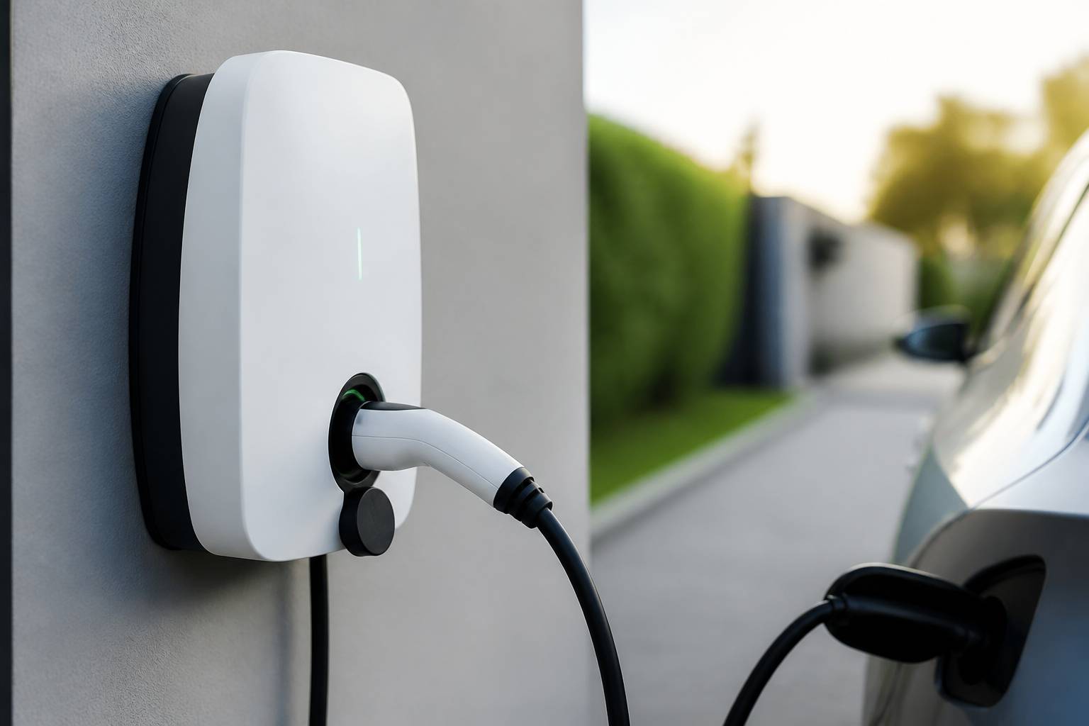 Wallbox murale avec câble branché et prise de recharge visible