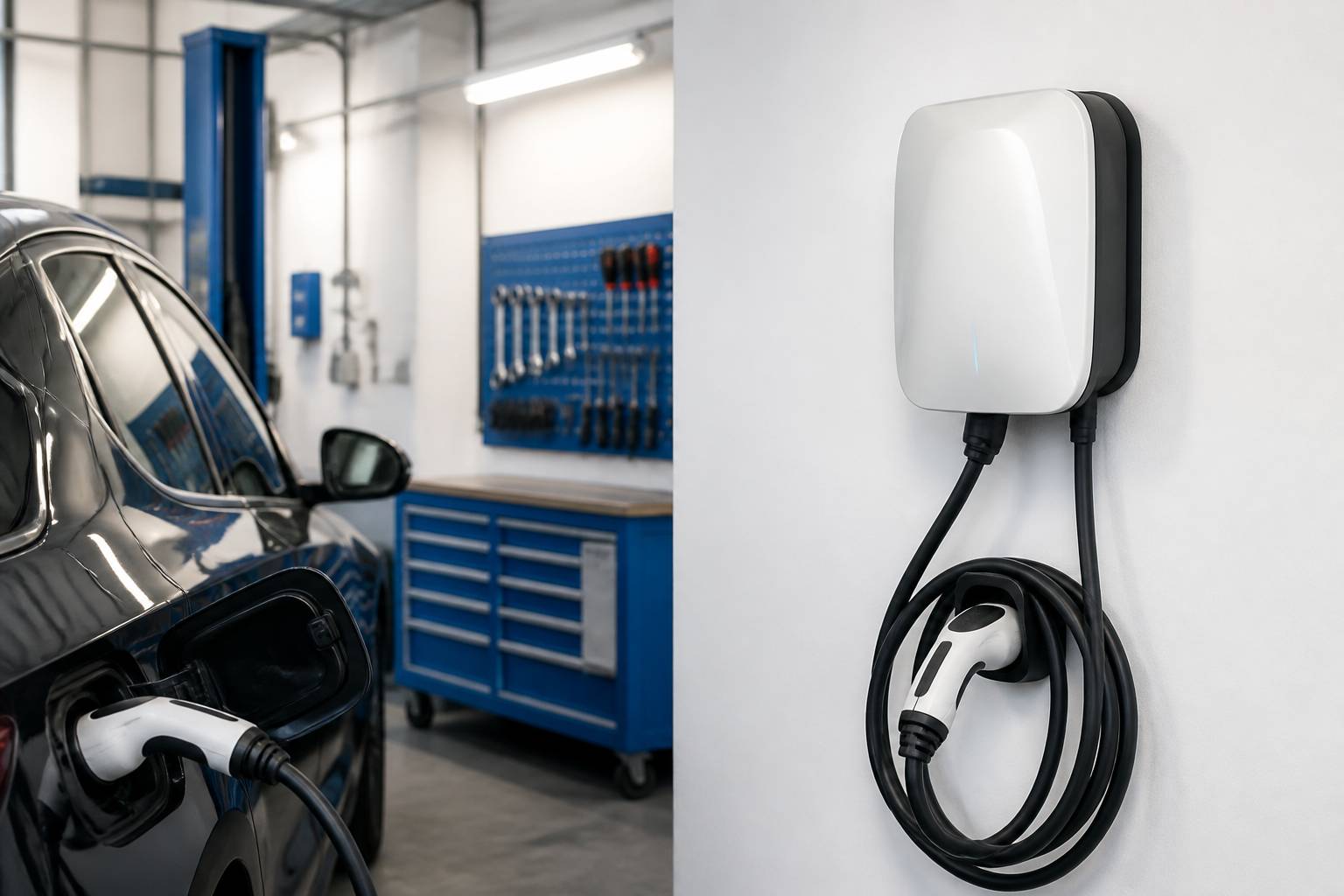 Borne de recharge murale blanche avec son câble et la prise d'un véhicule électrique