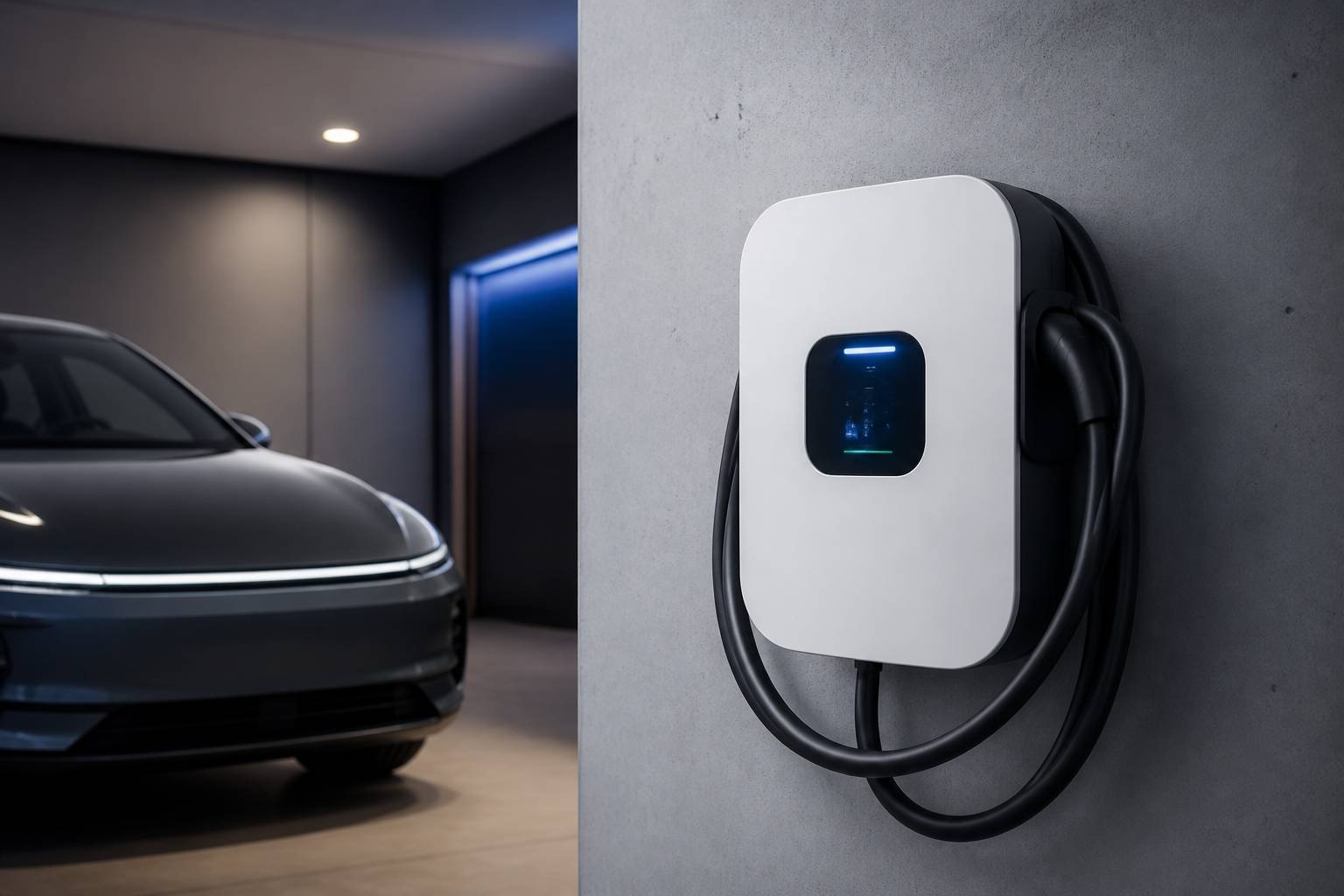Borne de recharge murale avec câble dans un garage