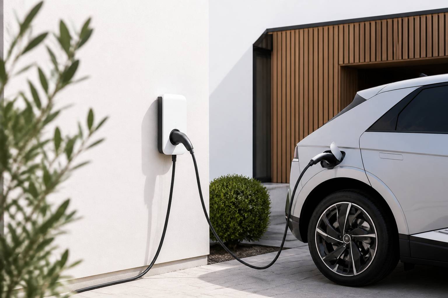 Wallbox de recharge murale avec câble branché sur une voiture électrique générique