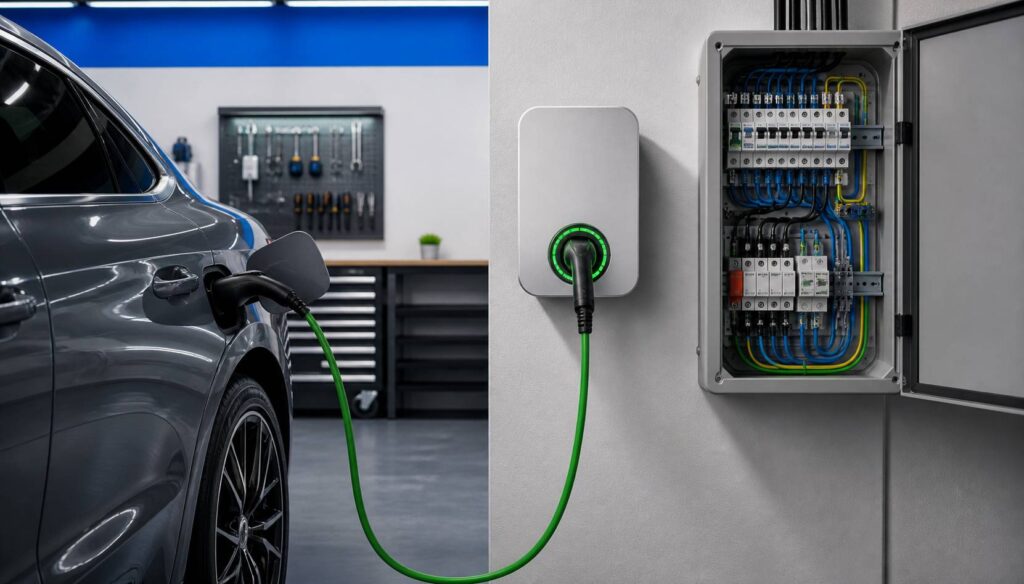 Wallbox avec câble épais relié à une voiture et coffret électrique ouvert