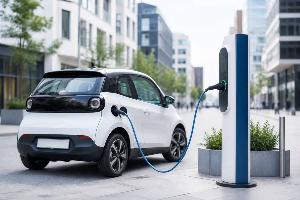 Petite voiture électrique urbaine compacte dans une rue