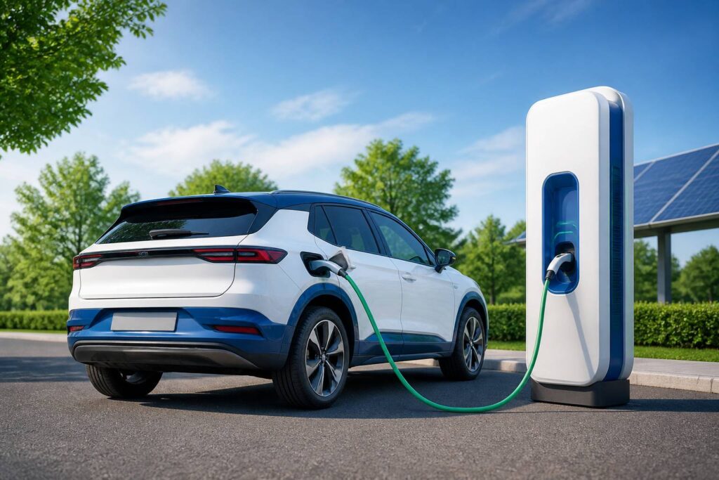 SUV électrique générique en recharge sur une borne