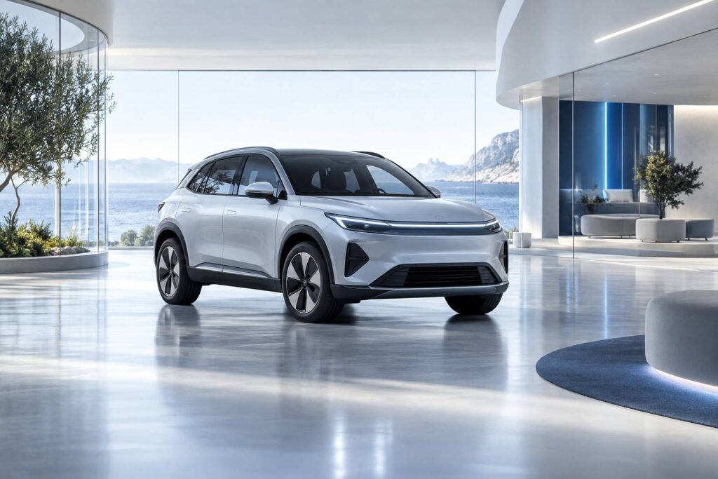 Silhouette generique d'un SUV electrique compact en showroom clair