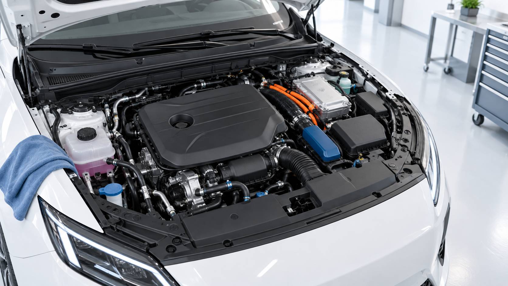 Compartiment moteur hybride propre vu de dessus, capot ouvert