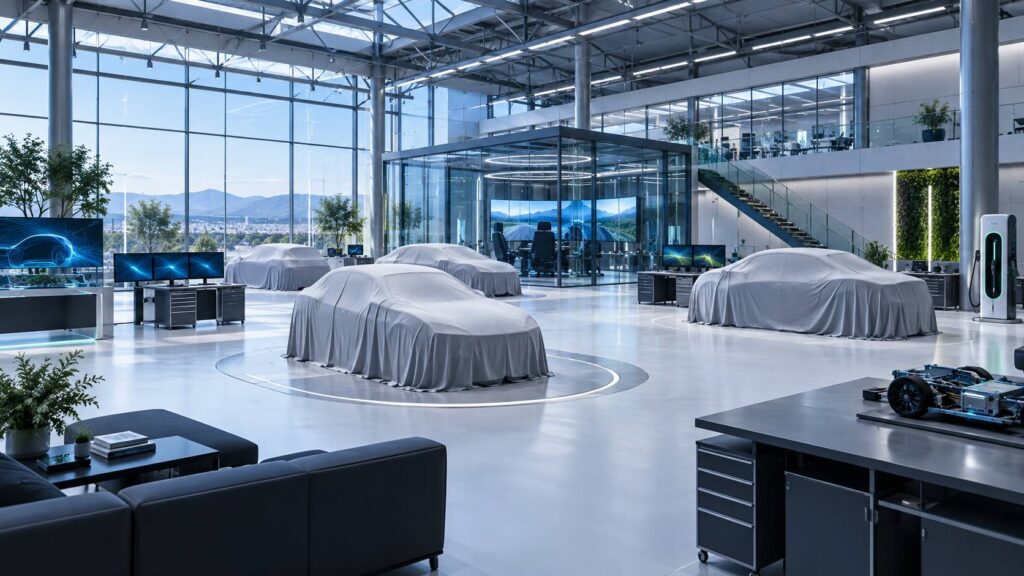 Halle moderne d'un centre d'innovation automobile avec maquettes sous housse