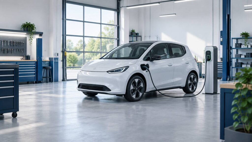 Petite citadine électrique générique dans un atelier lumineux