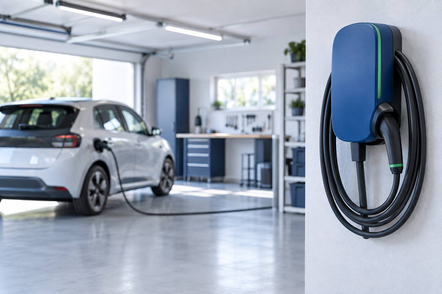 Borne de recharge murale avec petite citadine électrique branchée