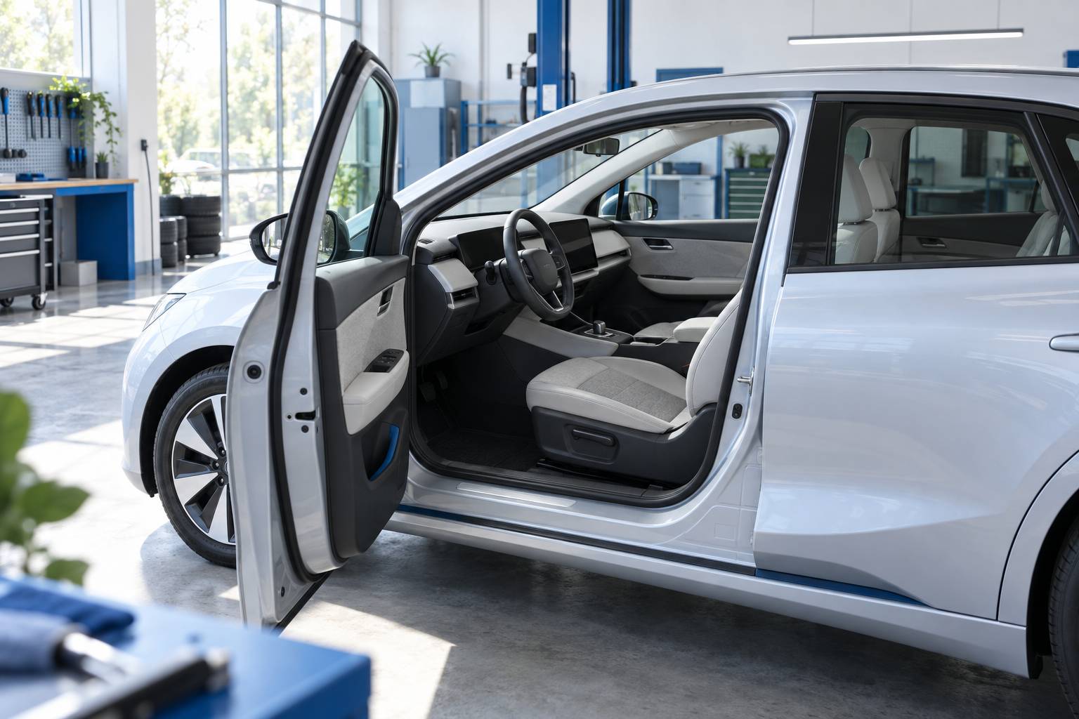 Interieur epure d'une citadine electrique avec sellerie claire et ecran eteint