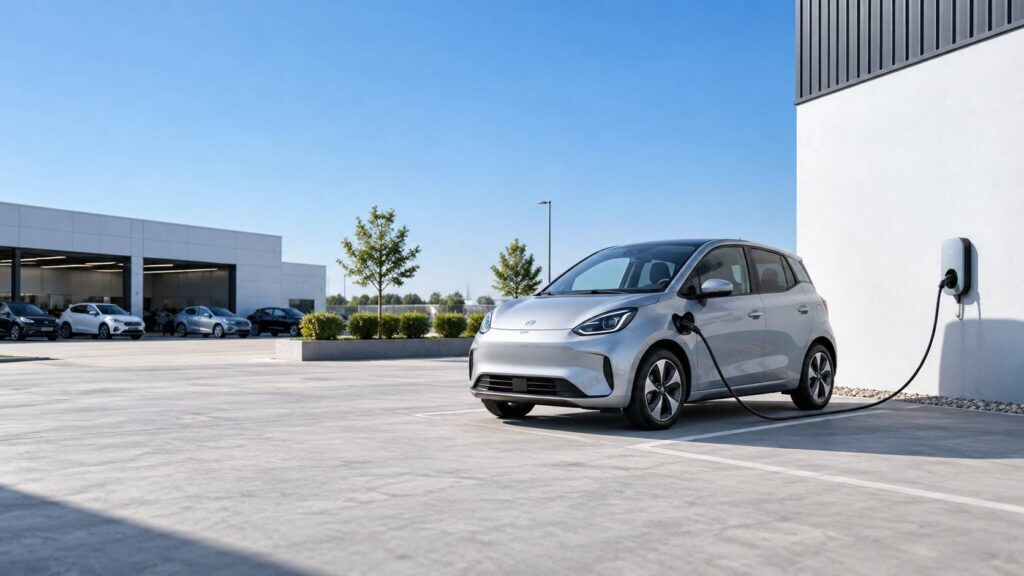Petite citadine électrique générique sur un parking près d'une borne