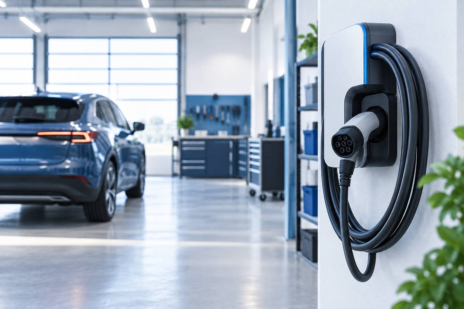 Borne de recharge murale avec câble enroulé dans un garage