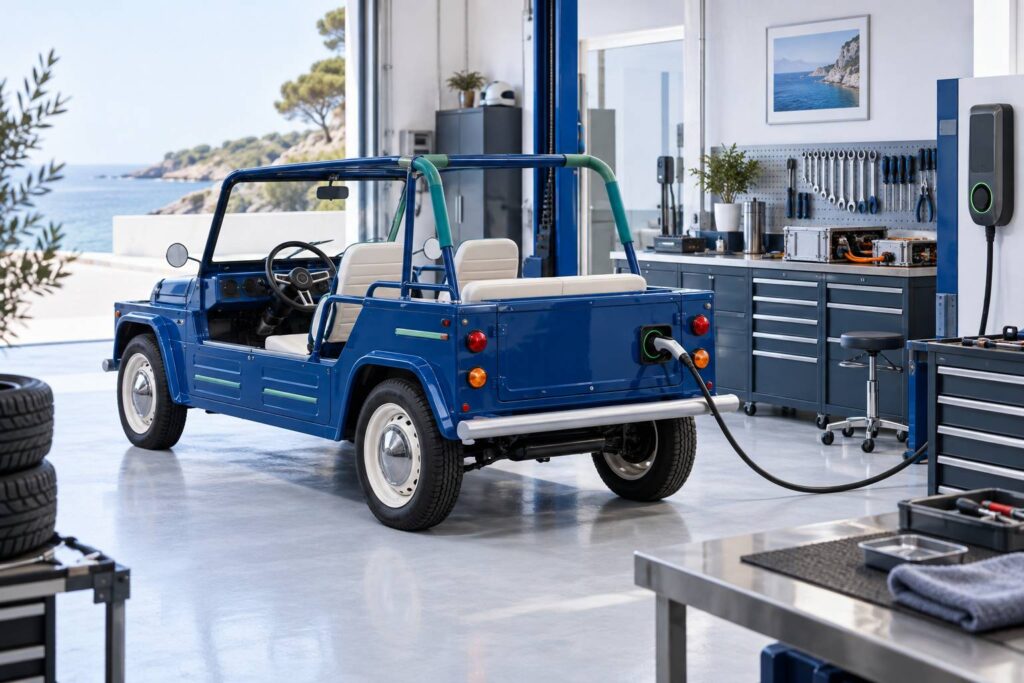 Illustration éditoriale du sujet : Découvrez le charme vintage de la Moke 100% électrique