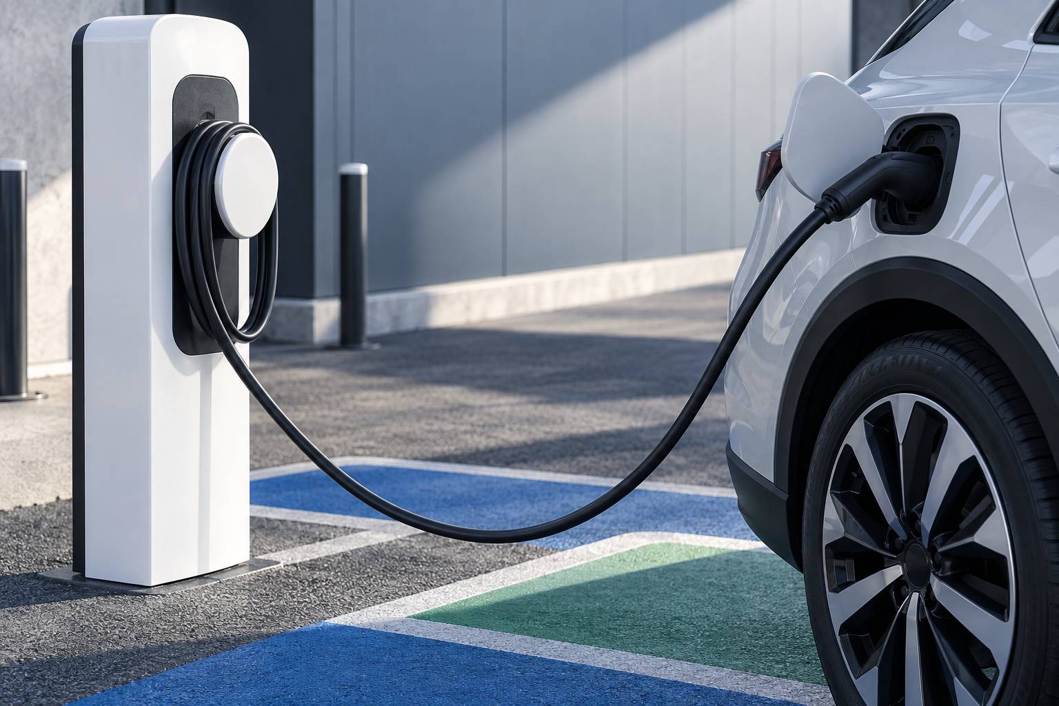 Détail d'une borne de recharge avec câble Type 2 raccordé à une voiture