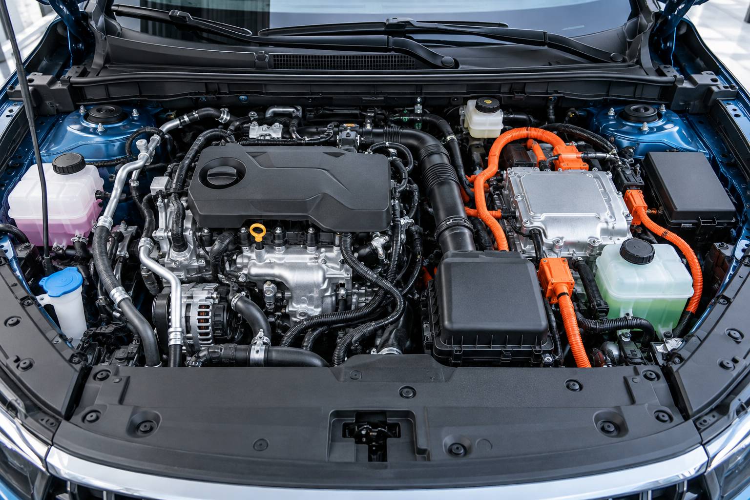 Compartiment moteur d'un SUV hybride essence-électrique
