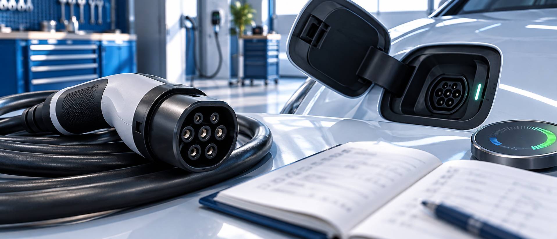 Détail d'un connecteur de recharge Type 2 et d'une prise de véhicule électrique