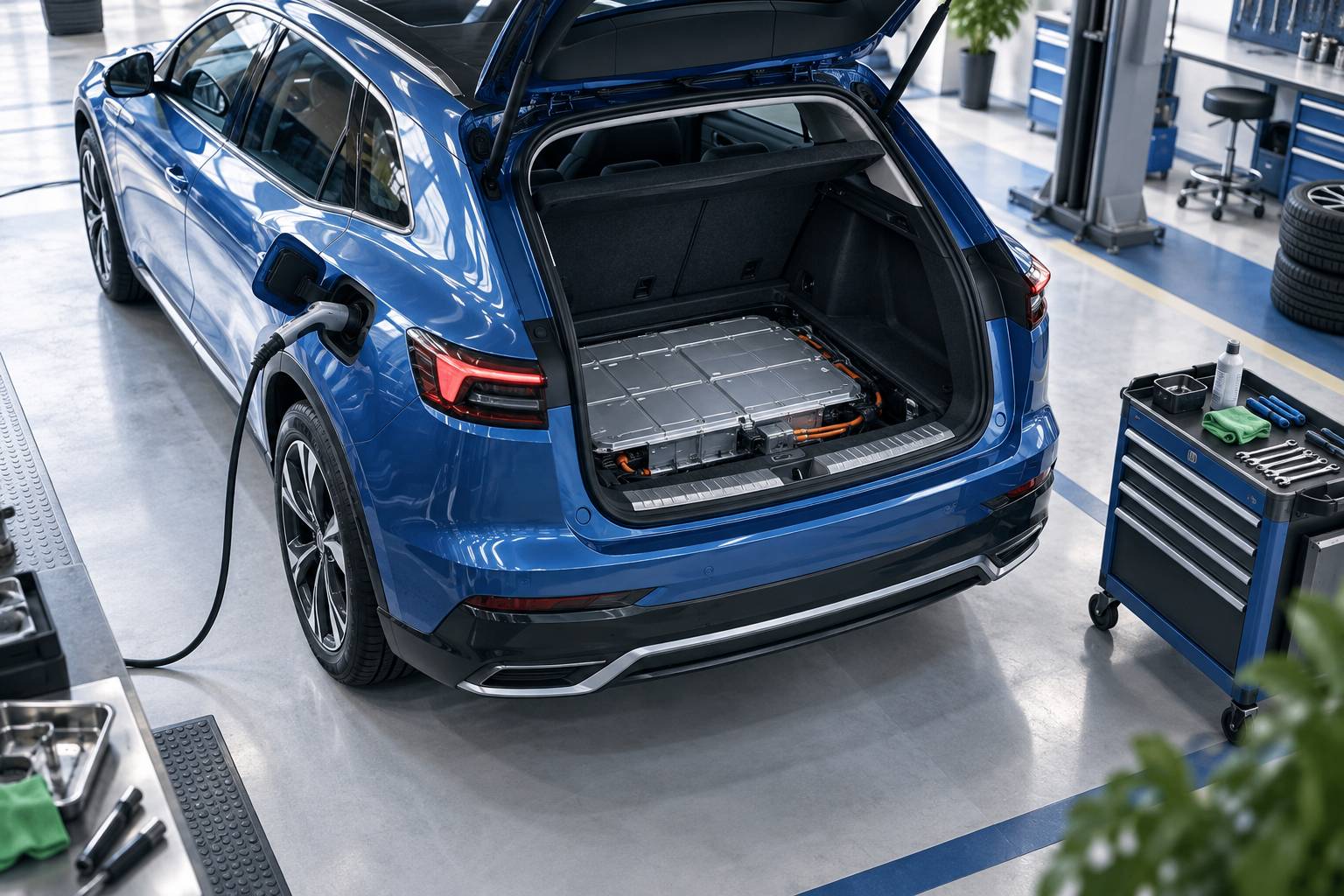 Cable de recharge branche sur un vehicule dans un atelier automobile