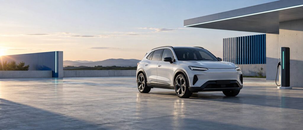 SUV électrique de ligne sportive sans badge ni logo sur une aire en béton en fin de journée