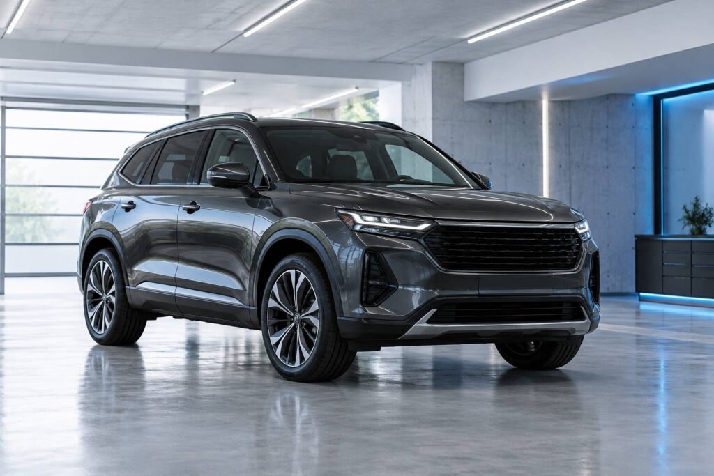 Grand SUV sombre stationne dans un garage moderne lumineux