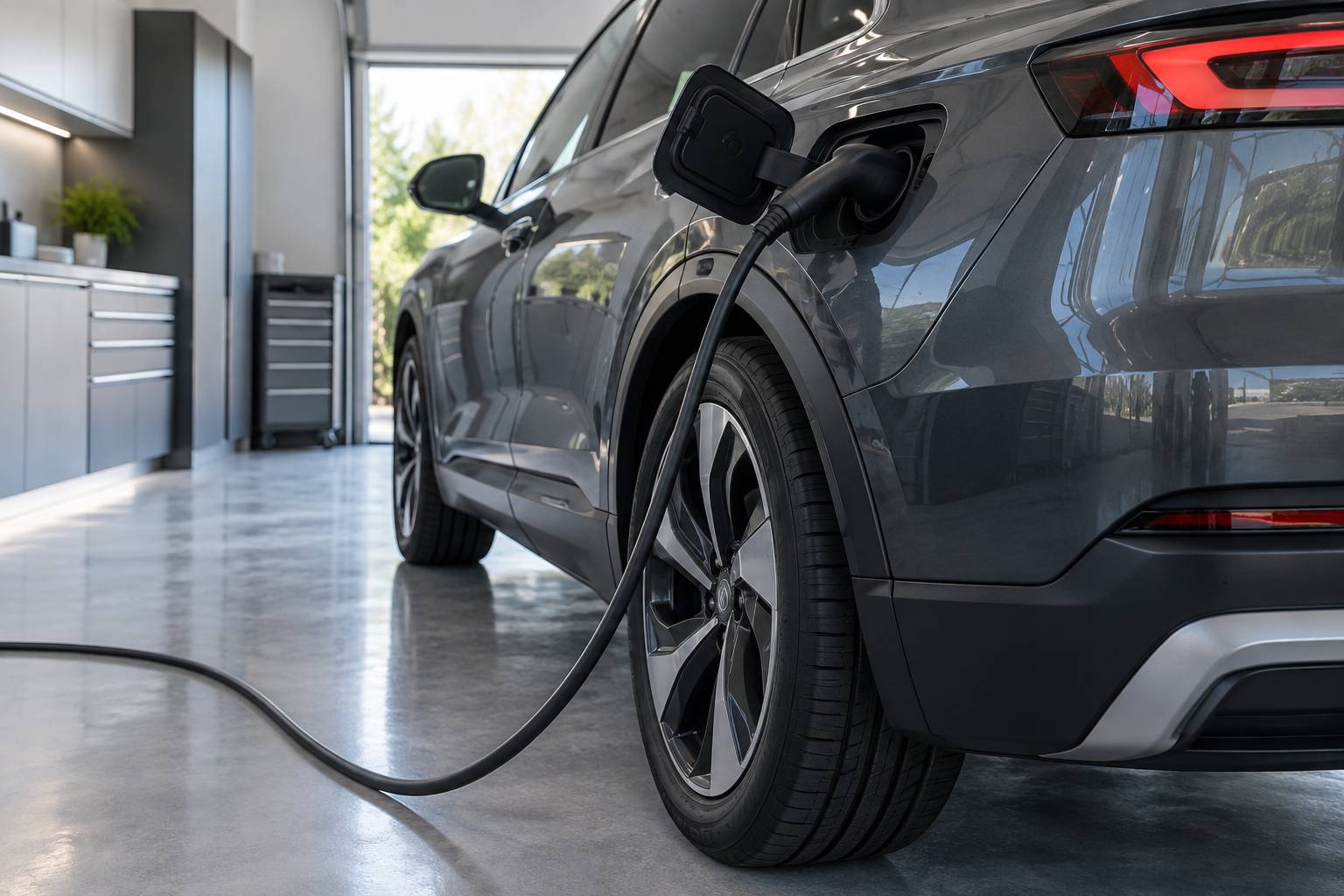 Cable de recharge branche sur le flanc d'un SUV hybride sombre