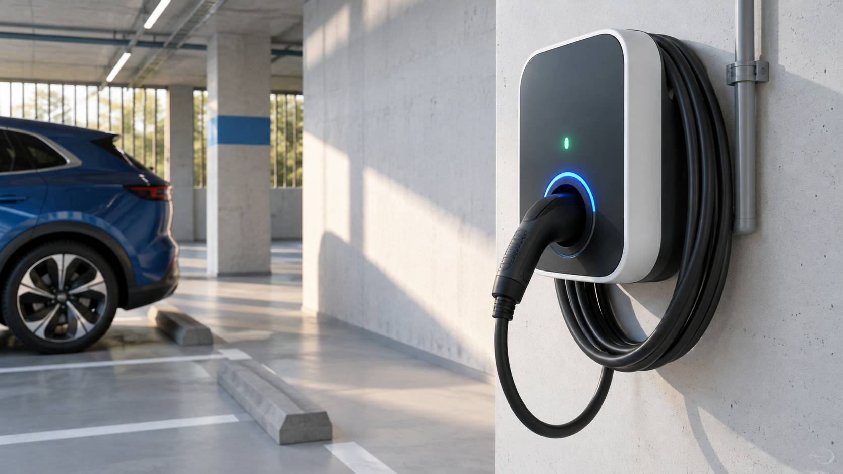 Gros plan sur une borne de recharge de véhicule électrique murale