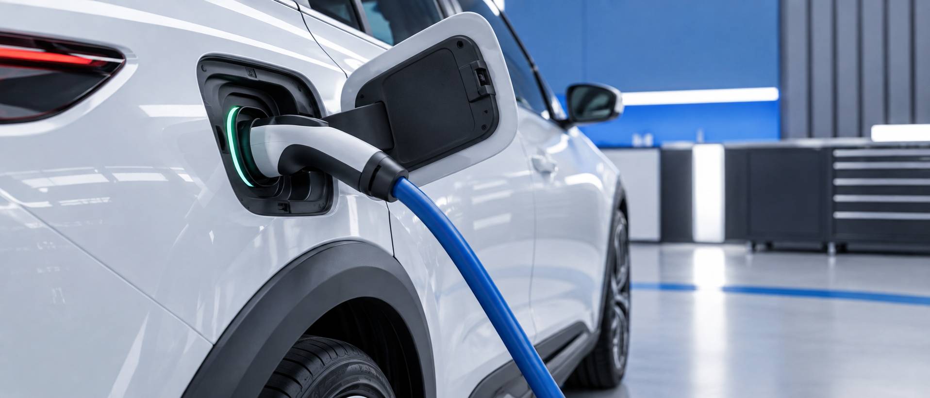 Gros plan sur le connecteur de recharge inséré dans la trappe d'une voiture électrique