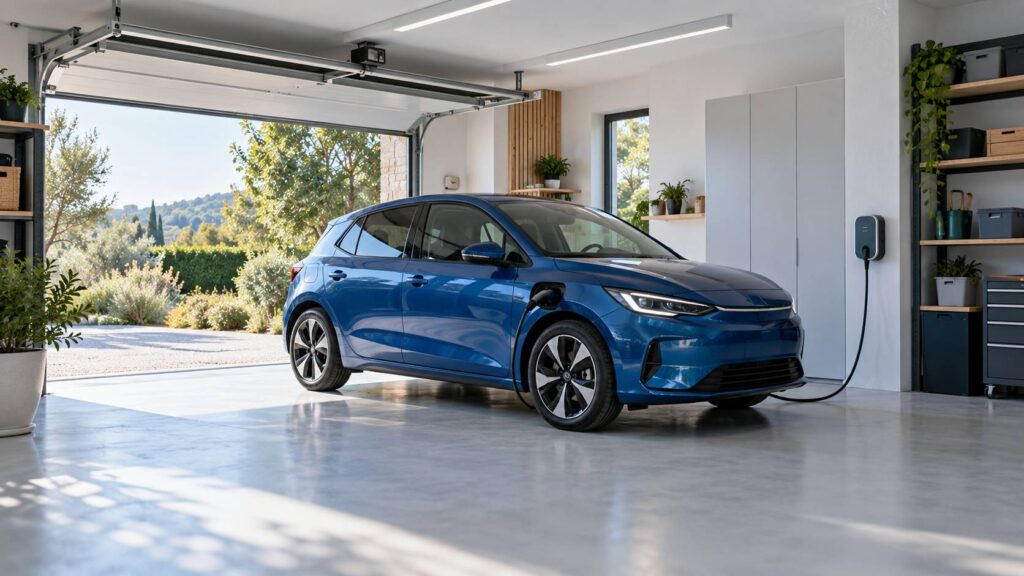 Voiture générique sans marque branchée à une borne de recharge dans un garage