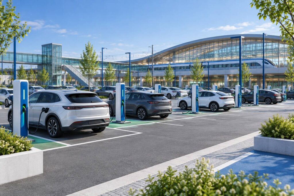 Parking moderne près d'une gare avec bornes de recharge électrique et places marquées