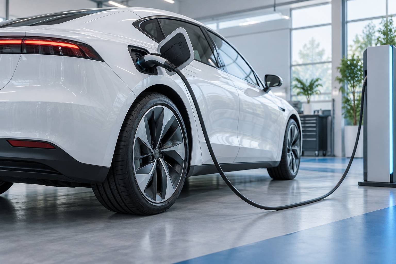 Vue large de l'arrière d'une berline électrique blanche avec trappe de recharge ouverte et câble branché sur u