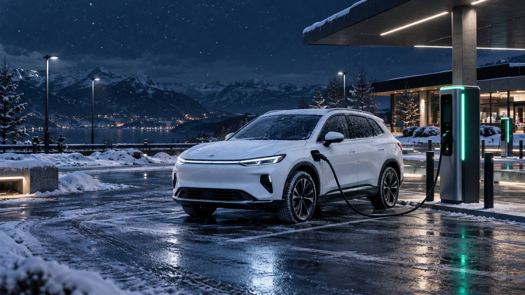 SUV électrique branché à une borne de recharge sous la neige légère