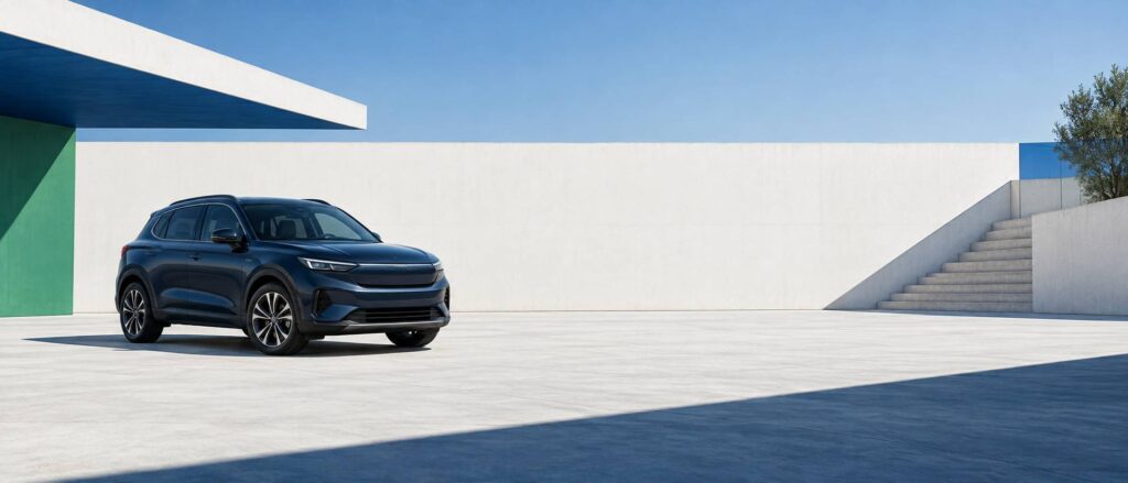 SUV compact sombre stationné sur une aire béton en plein jour