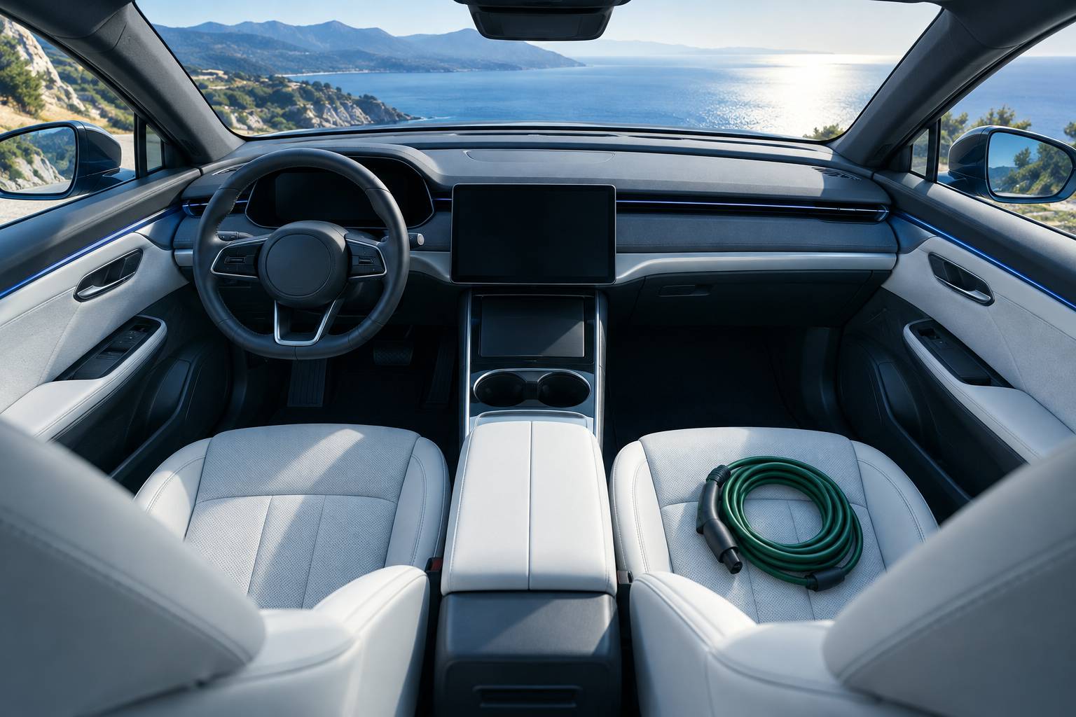 Intérieur de SUV sobre avec câble de recharge enroulé sur le siège