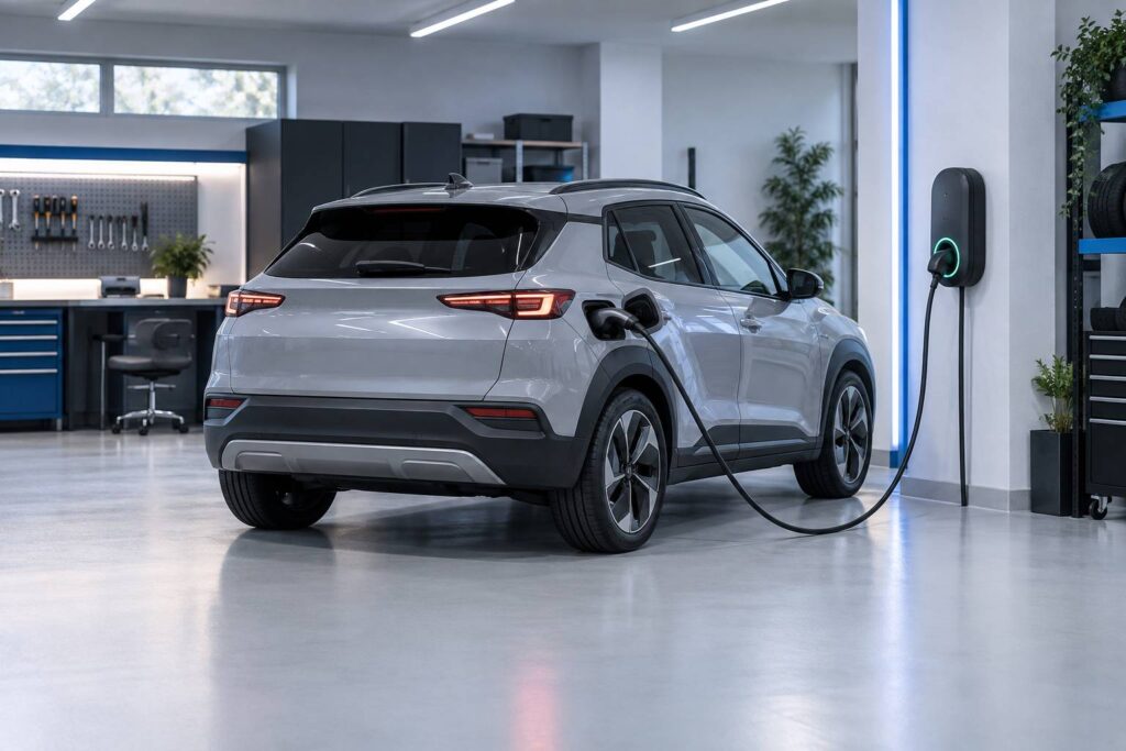 SUV électrique branché à une borne de recharge en garage