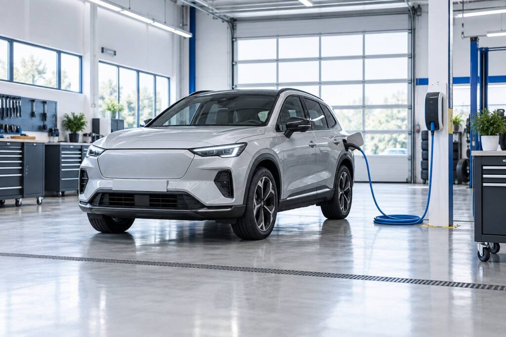 SUV electrique generique gris clair dans un atelier lumineux