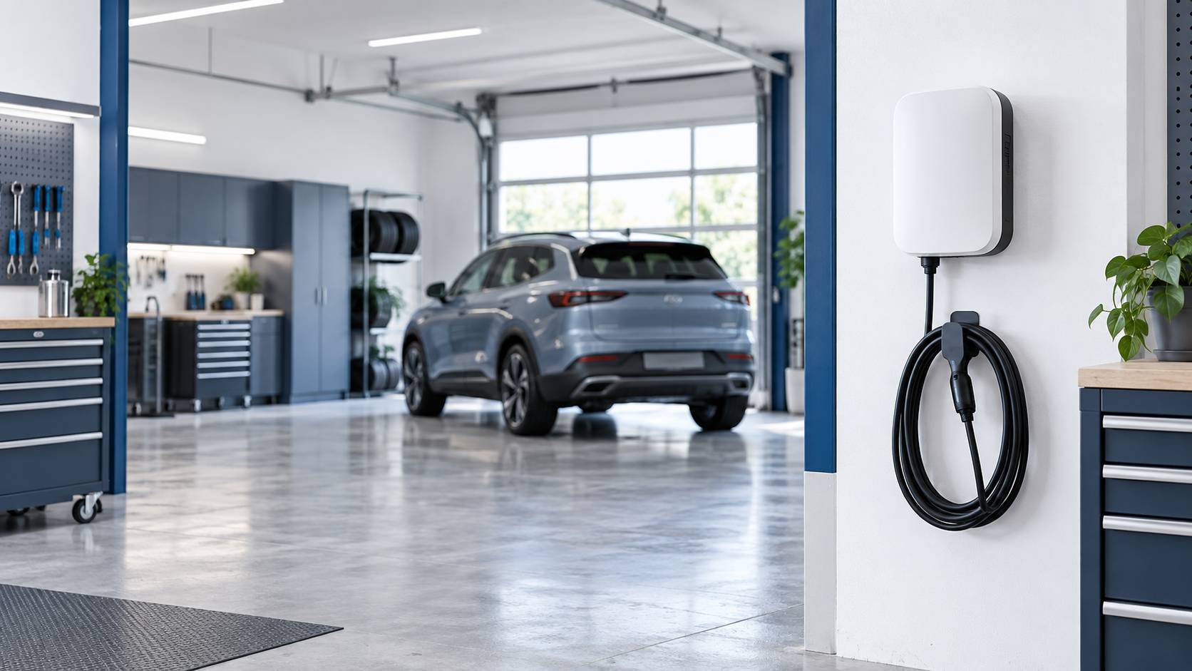 Borne de recharge murale blanche sans marque dans un garage