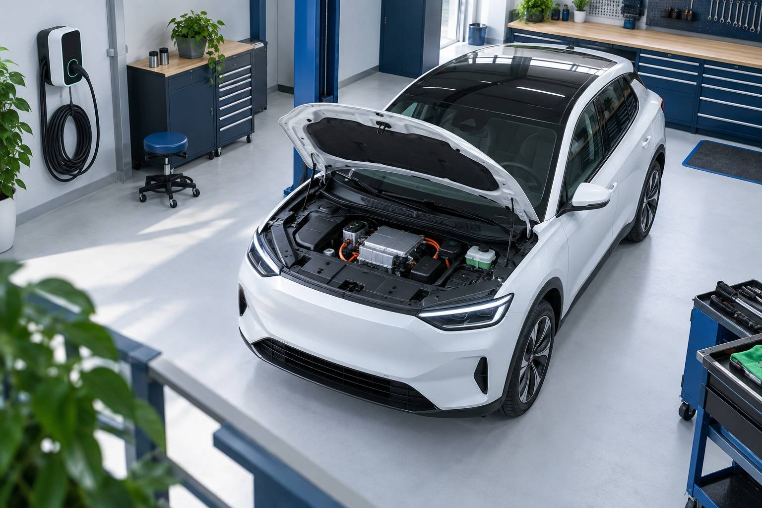 Compartiment electrique propre avec cable de recharge dans un atelier clair