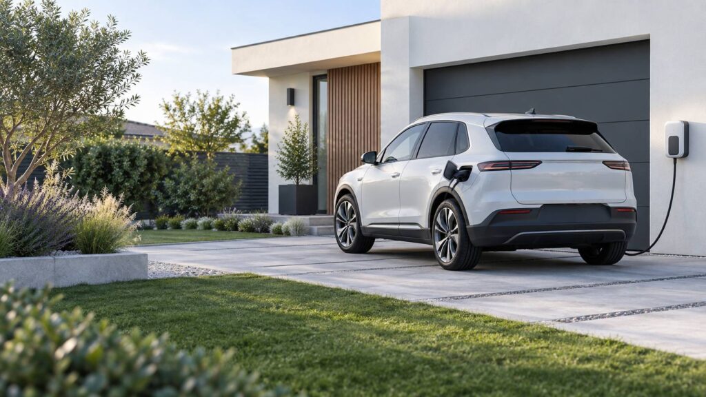 SUV électrique générique en recharge avec une wallbox fixée au mur d'une maison