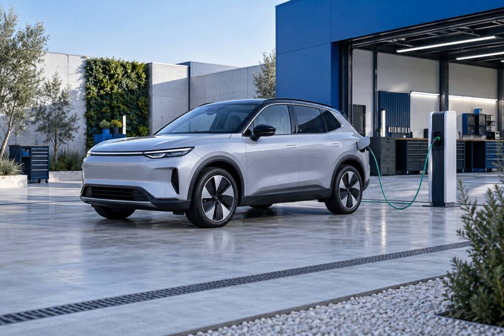 SUV compact electrique gris clair dans une cour d'atelier